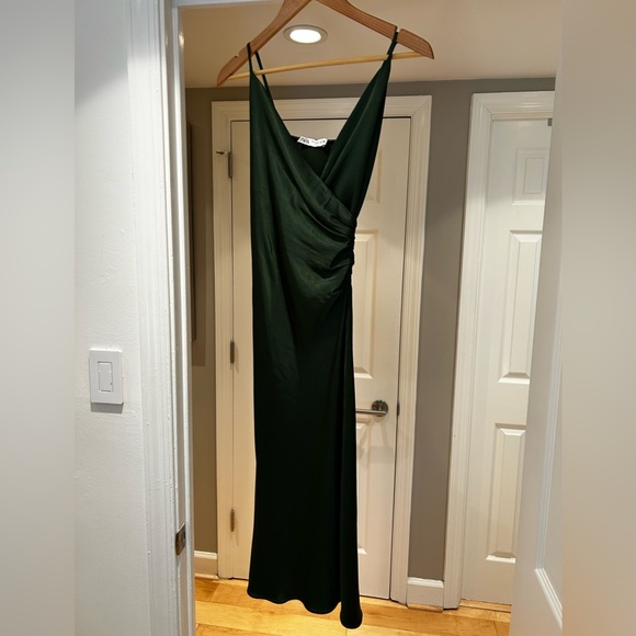 Zara Green Satin Effect Slip Draped Lingerie Style Dress Size S Small - Picture 5 of 10